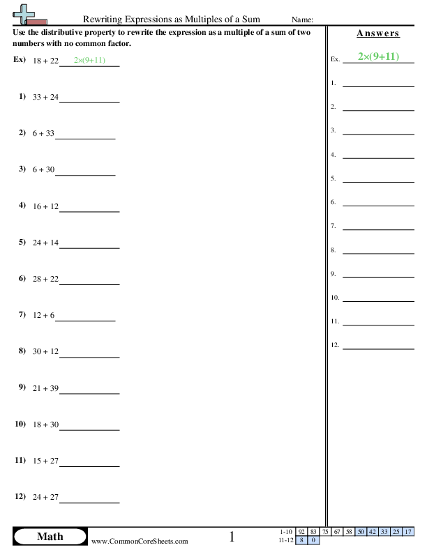 Algebra Worksheets - Rewriting Expressions as Multiples of a Sum worksheet